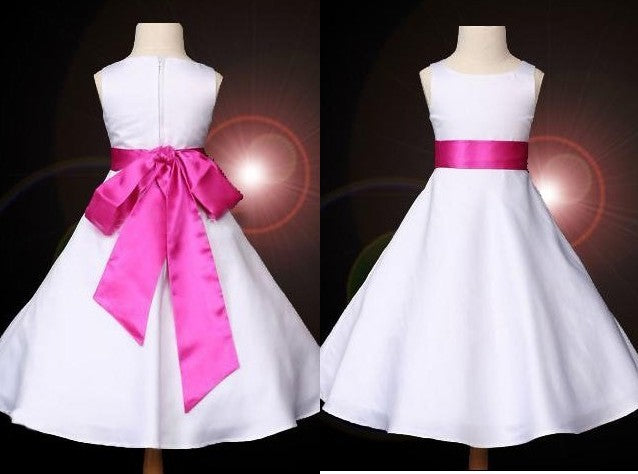 A-line/Princess Scoop Bowknot Sleeveless Long Satin Flower Girl Dresses DEP0007687