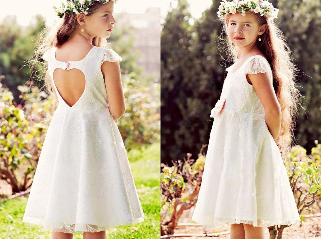 A-Line/Princess Tulle Applique Scoop Short Sleeves Knee-Length Flower Girl Dresses DEP0007932