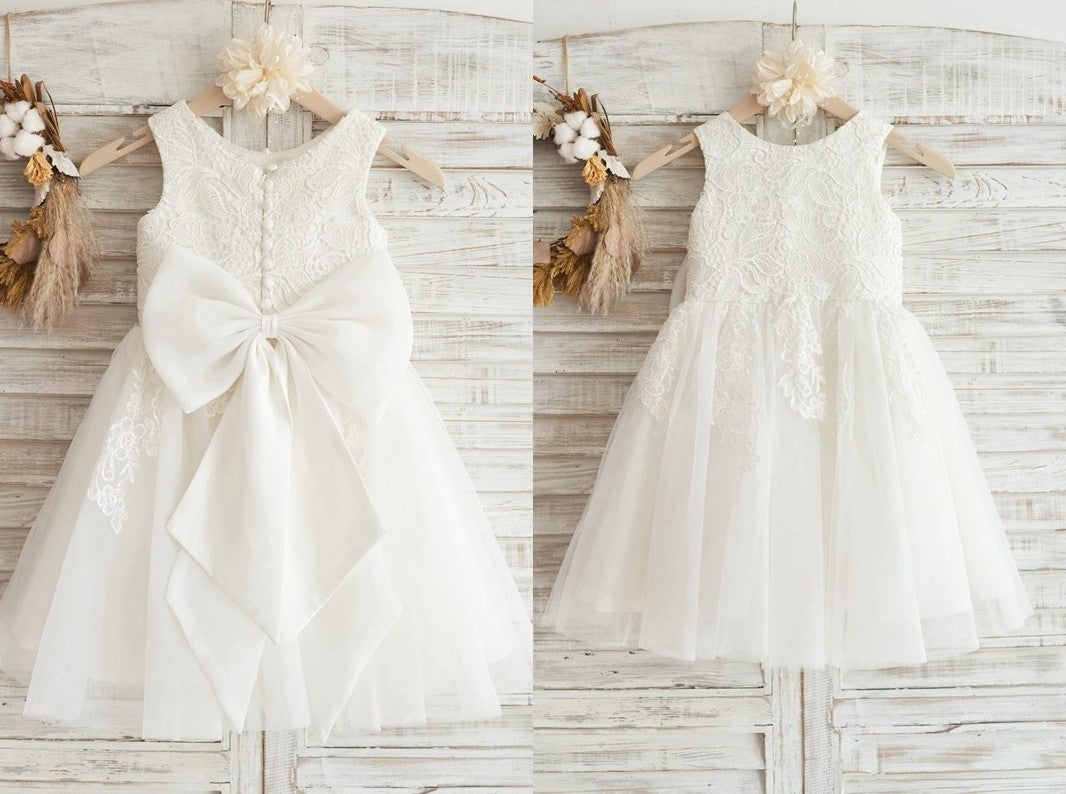 A-Line/Princess Tulle Lace Scoop Sleeveless Knee-Length Flower Girl Dresses DEP0007893