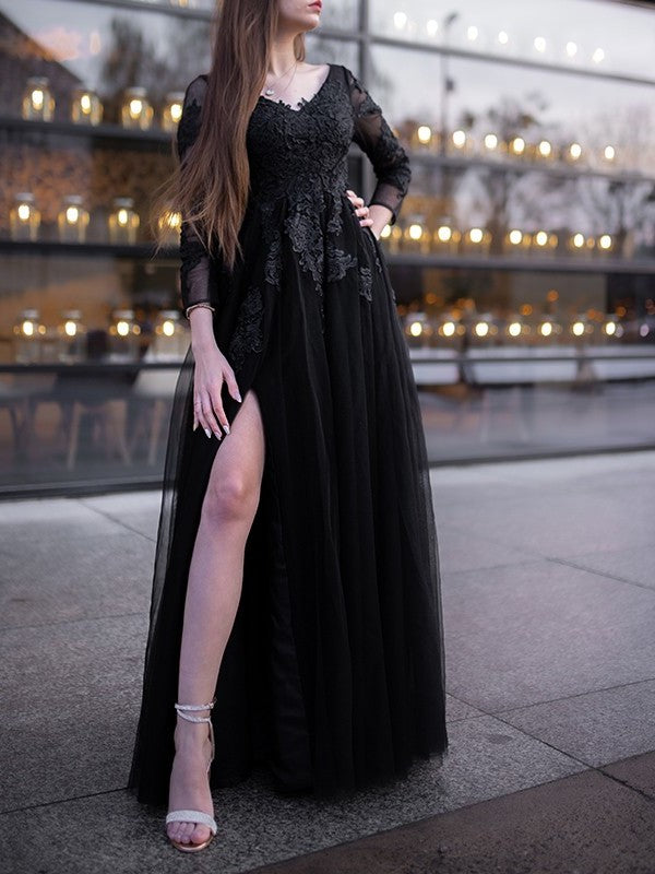 Ball Gown Tulle Long Sleeves Applique Off-the-Shoulder Floor-Length Dresses DEP0001473