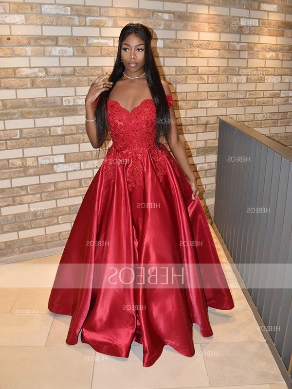 Ball Gown Satin Applique Off-the-Shoulder Sleeveless Floor-Length Dresses DEP0001888