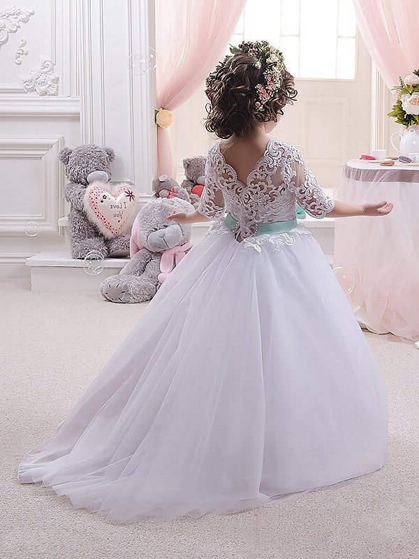 Ball Gown Jewel 1/2 Sleeves Lace Floor-Length Tulle Flower Girl Dresses DEP0007750