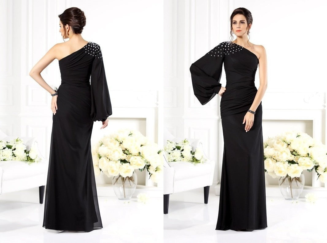 Sheath/Column One-Shoulder Beading Long Sleeves Long Chiffon Mother of the Bride Dresses DEP0007087