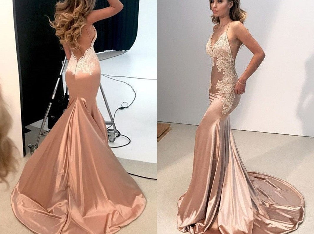 Trumpet/Mermaid Straps V-neck Sleeveless Applique Sweep/Brush Train Silk like Satin Dresses DEP0001798