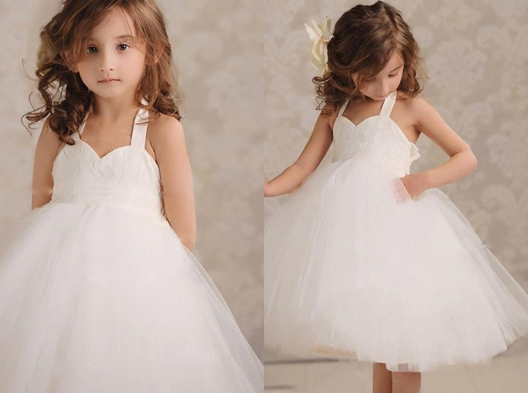 Ball Gown Tulle Applique Halter Sleeveless Knee-Length Flower Girl Dresses DEP0007779