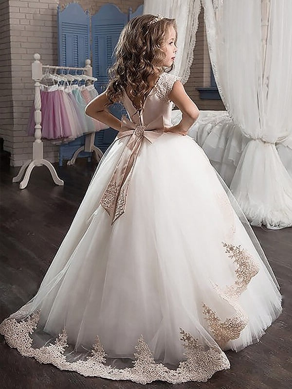 Ball Gown Scoop Tulle Applique Floor-Length Sleeveless Flower Girl Dresses DEP0007534