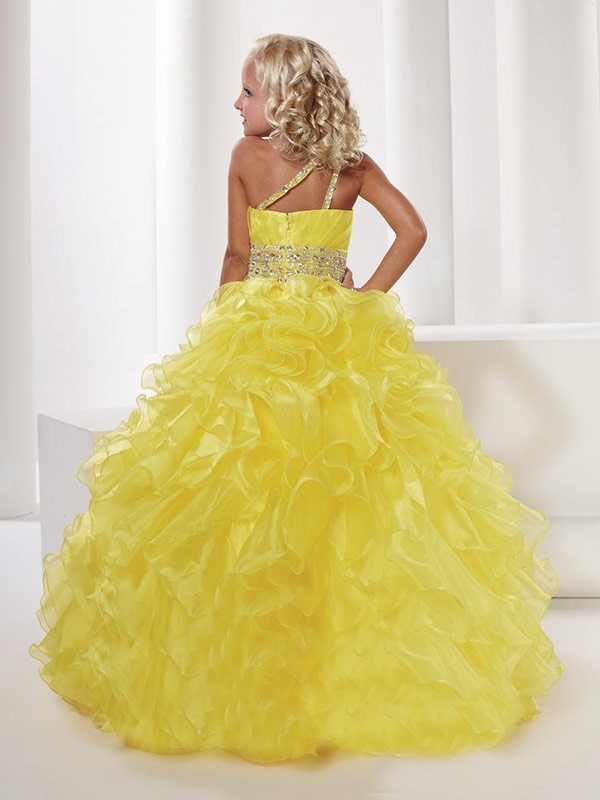 Ball Gown One-shoulder Sleeveless Beading Long Organza Flower Girl Dresses DEP0007598