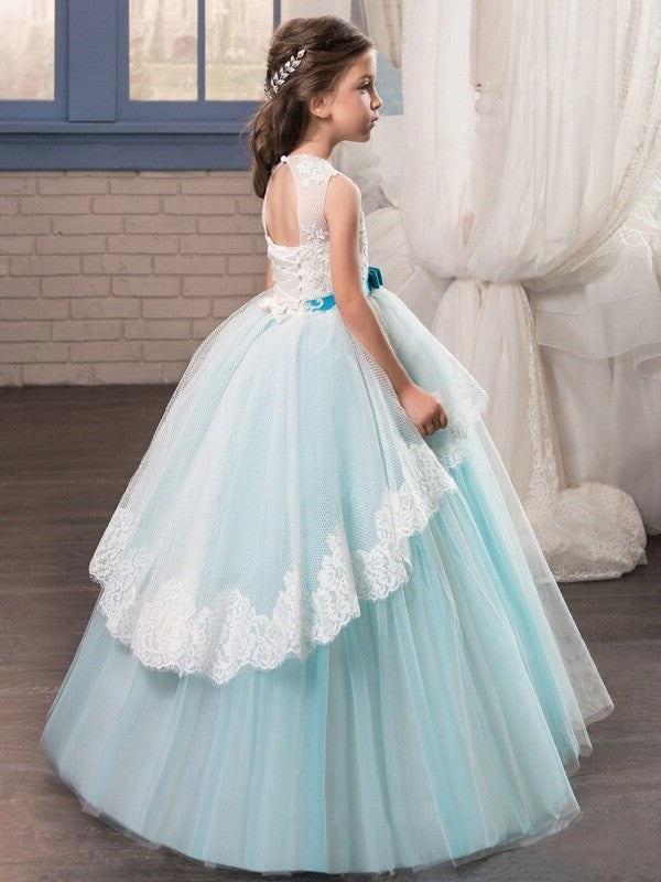 Ball Gown Jewel Sleeveless Sash/Ribbon/Belt Floor-Length Tulle Flower Girl Dresses DEP0007648