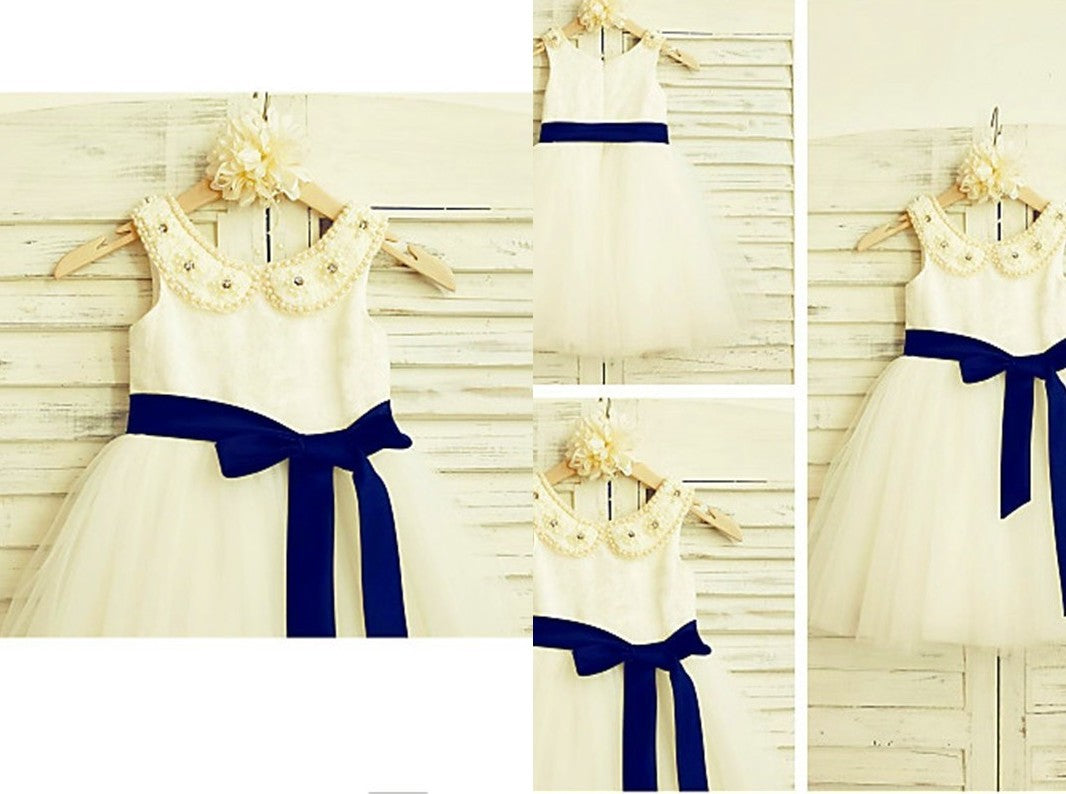 A-line/Princess Scoop Sleeveless Bowknot Tea-Length Tulle Flower Girl Dresses DEP0007905