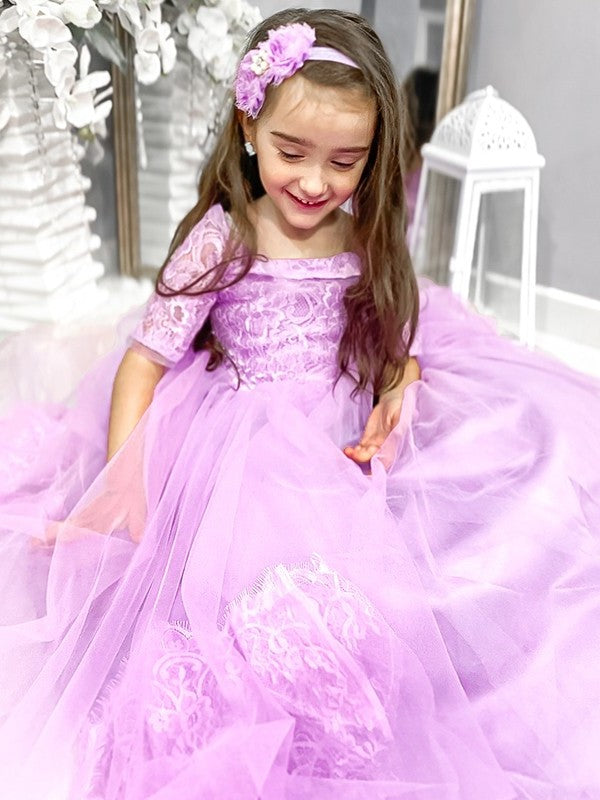 Ball Gown Tulle Lace Off-the-Shoulder 1/2 Sleeves Sweep/Brush Train Flower Girl Dresses DEP0007476