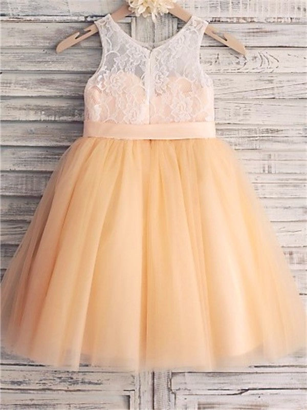 A-line/Princess Sleeveless Scoop Sash/Ribbon/Belt Tea-Length Tulle Flower Girl Dresses DEP0007699