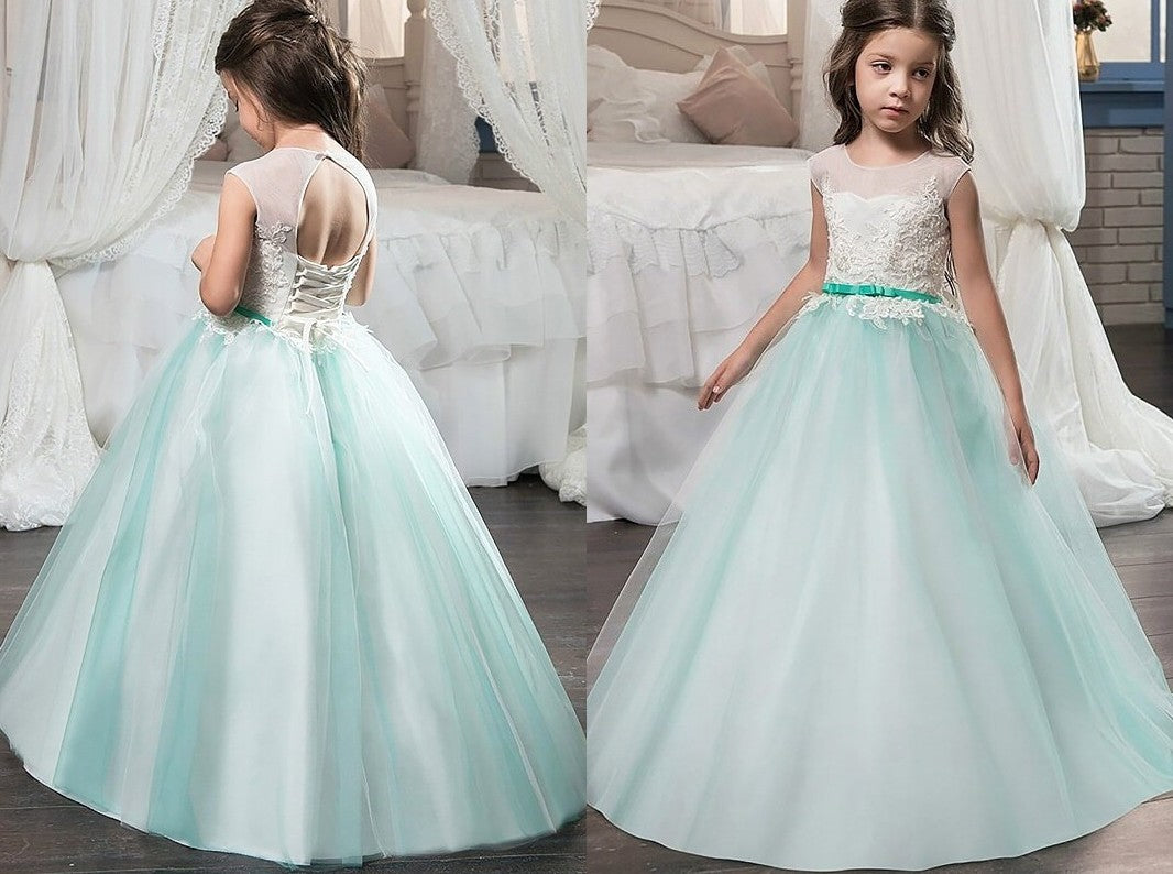 Ball Gown Jewel Sleeveless Sash/Ribbon/Belt Floor-Length Tulle Flower Girl Dresses DEP0007746