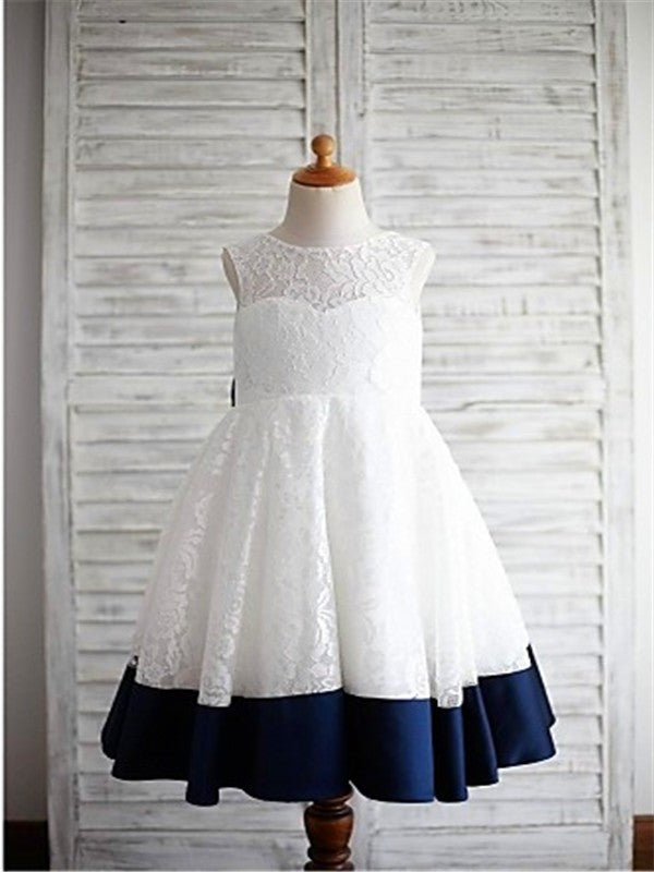 A-line/Princess Scoop Sleeveless Bowknot Tea-Length Lace Flower Girl Dresses DEP0007556