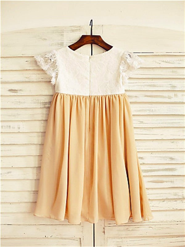 A-line/Princess Scoop Short Sleeves Tea-Length Chiffon Flower Girl Dresses DEP0007838