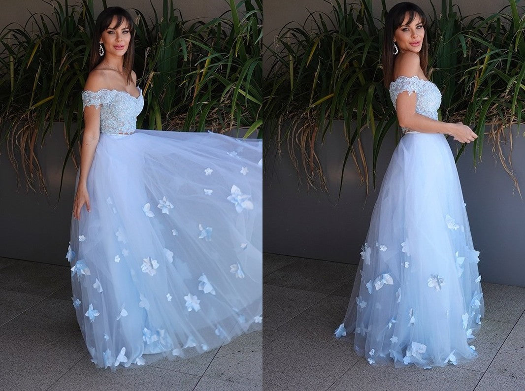 A-Line/Princess Tulle Applique Sleeveless Off-the-Shoulder Floor-Length Two Piece Dresses DEP0001635