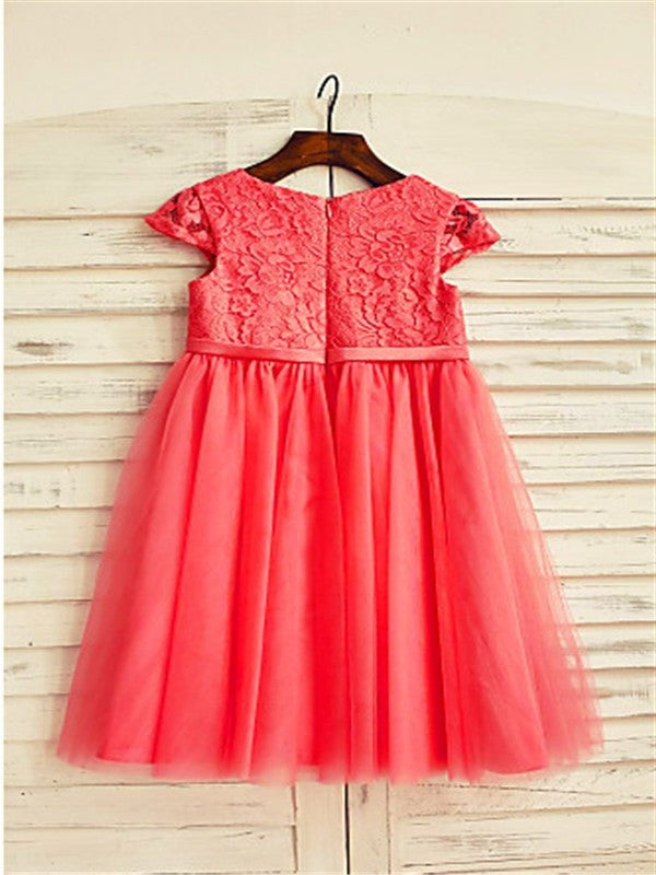 A-line/Princess Scoop Short Sleeves Lace Tea-Length Tulle Flower Girl Dresses DEP0007881