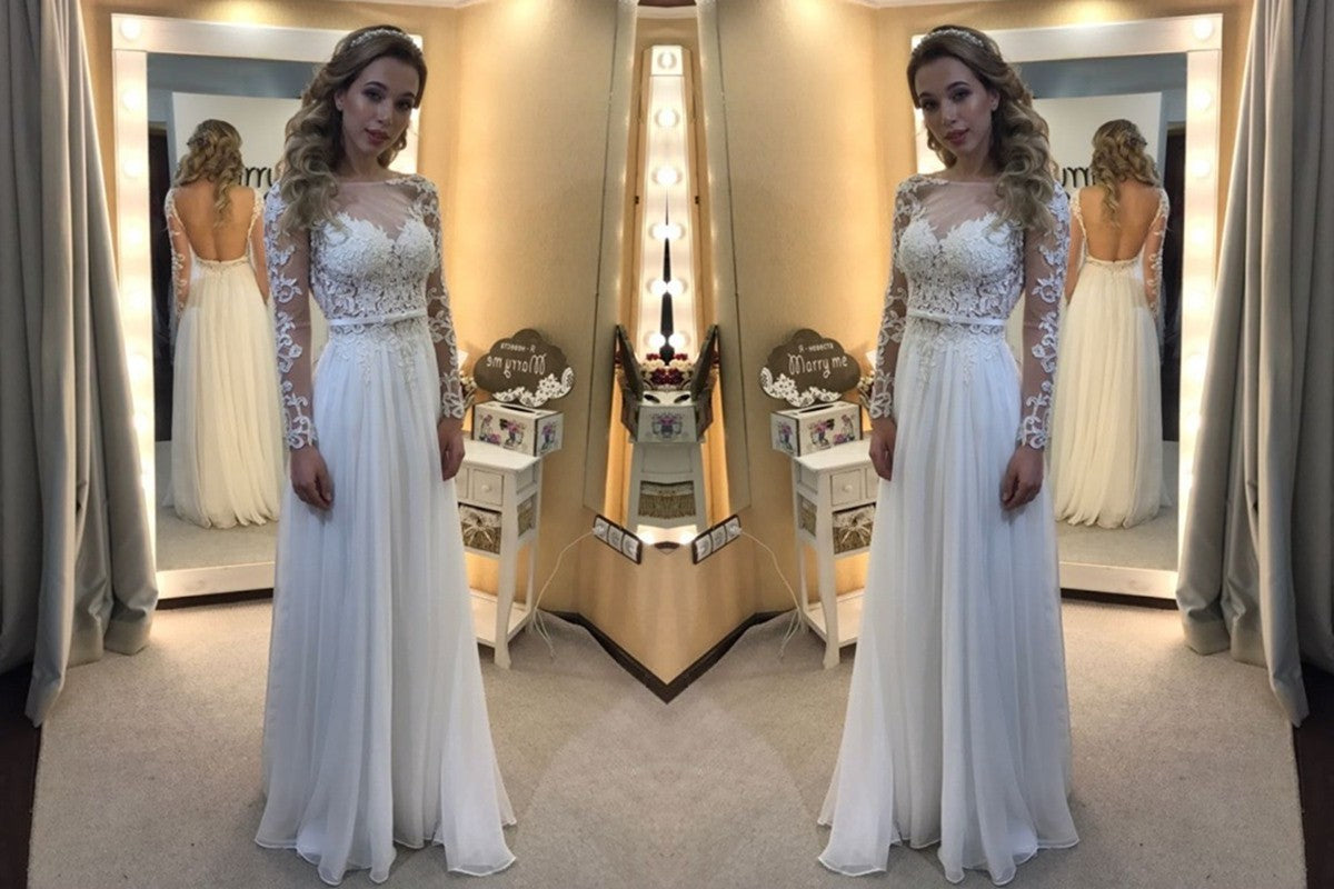 A-Line/Princess Bateau Floor-Length Long Sleeves Lace Chiffon Wedding Dresses DEP0006188