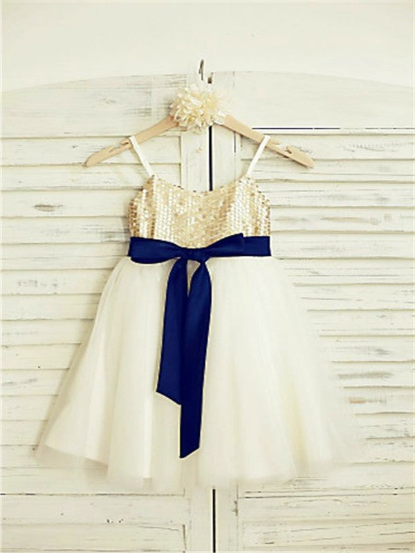 A-line/Princess Spaghetti Straps Sleeveless Sequin Ankle-Length Tulle Flower Girl Dresses DEP0007855