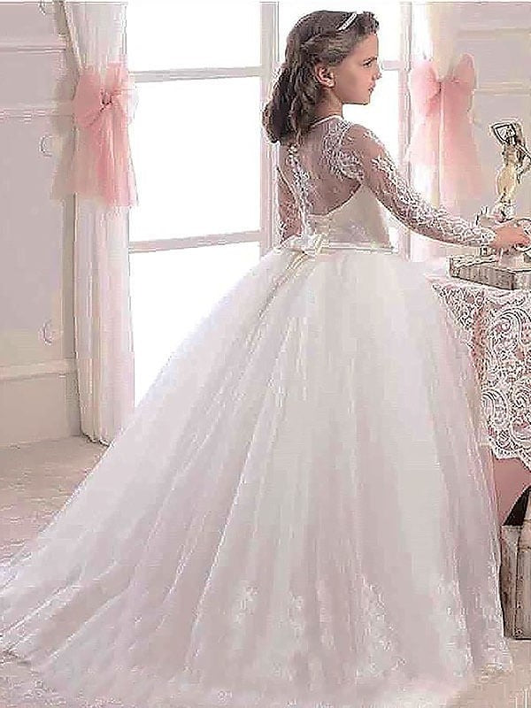 Ball Gown Scoop Long Sleeves Floor-Length Lace Tulle Flower Girl Dresses DEP0007642