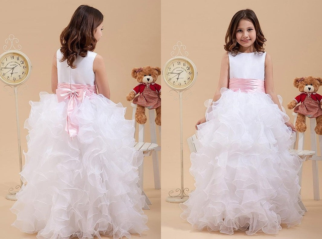 A-line/Princess Scoop Bowknot Sleeveless Long Organza Flower Girl Dresses DEP0007748