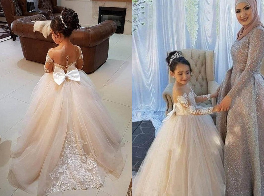 Ball Gown Long Sleeves Off-the-Shoulder Sweep/Brush Train Applique Tulle Flower Girl Dresses DEP0007572