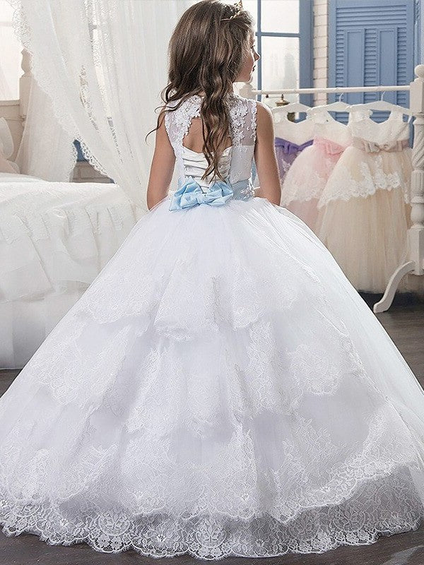 Ball Gown Scoop Sleeveless Applique Floor-Length Tulle Flower Girl Dresses DEP0007666