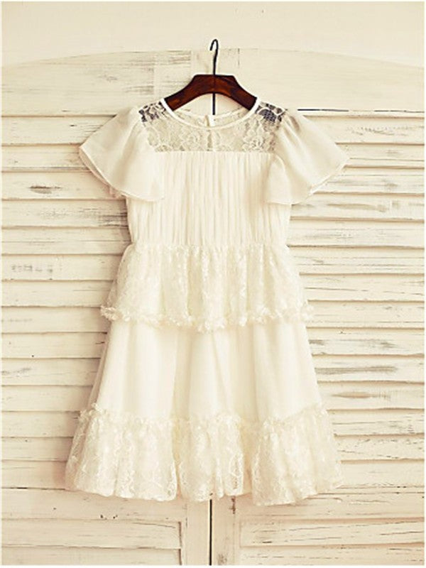 A-line/Princess Scoop Short Sleeves Lace Tea-Length Chiffon Flower Girl Dresses DEP0007820