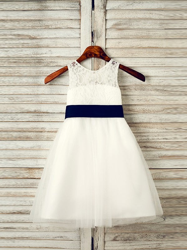 A-Line/Princess Tulle Bowknot Scoop Sleeveless Tea-Length Flower Girl Dresses DEP0007519