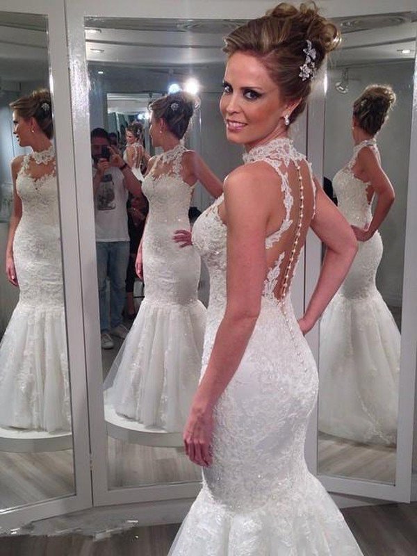 Trumpet/Mermaid High Neck Sleeveless Lace Floor-Length Tulle Wedding Dresses DEP0006201