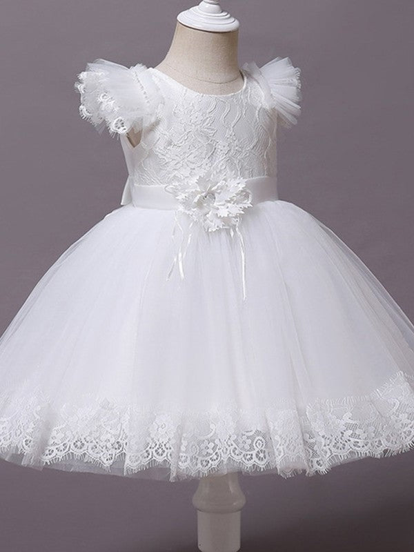 Ball Gown Tulle Applique Scoop Short Sleeves Tea-Length Flower Girl Dresses DEP0007512