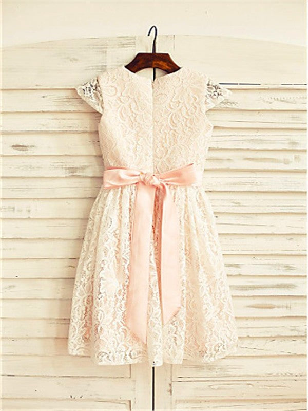 A-line/Princess Scoop Hand-made Flower Short Sleeves Tea-Length Lace Flower Girl Dresses DEP0007819