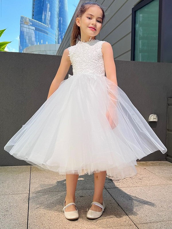 A-Line/Princess Tulle Lace High Neck Sleeveless Knee-Length Flower Girl Dresses DEP0007488