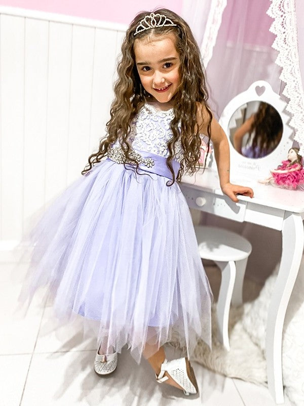 A-Line/Princess Tulle Lace Scoop Sleeveless Knee-Length Flower Girl Dresses DEP0009288