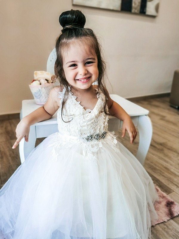 A-Line/Princess Tulle Lace V-neck Sleeveless Ankle-Length Flower Girl Dresses DEP0007460