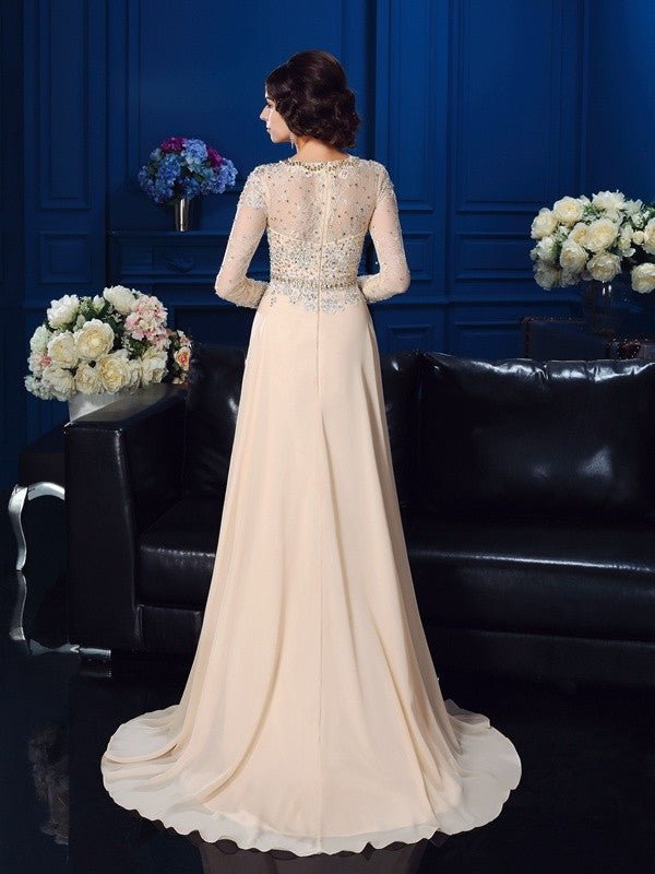 A-Line/Princess Scoop Beading Long Sleeves Long Chiffon Mother of the Bride Dresses DEP0007085