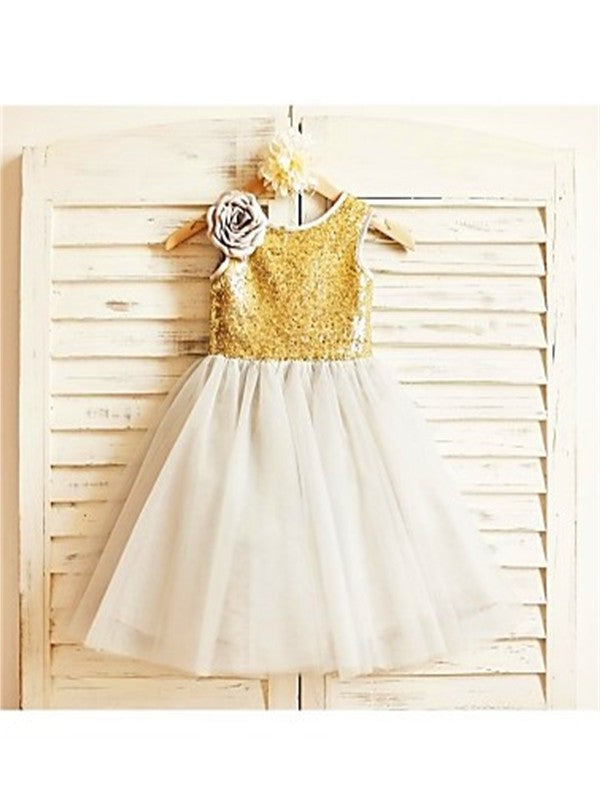 A-line/Princess Scoop Sleeveless Tea-Length Sequin Tulle Flower Girl Dresses DEP0007894