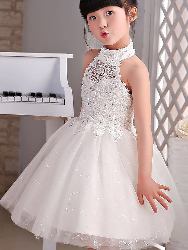 A-line/Princess Halter Sleeveless Beading Tulle Knee-Length Flower Girl Dresses DEP0007606