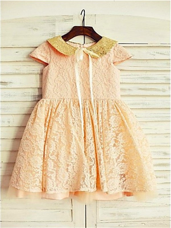 A-line/Princess Short Sleeves Scoop Sequin Tea-Length Lace Flower Girl Dresses DEP0007930