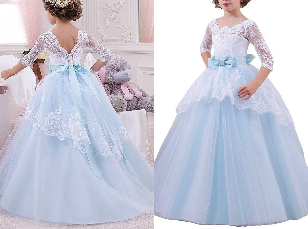 Ball Gown Jewel 1/2 Sleeves Lace Floor-Length Tulle Flower Girl Dresses DEP0007685