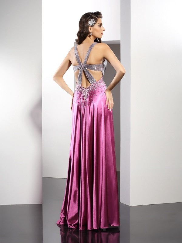 A-Line/Princess Straps Beading Sleeveless Long Elastic Woven Satin Dresses DEP0009244