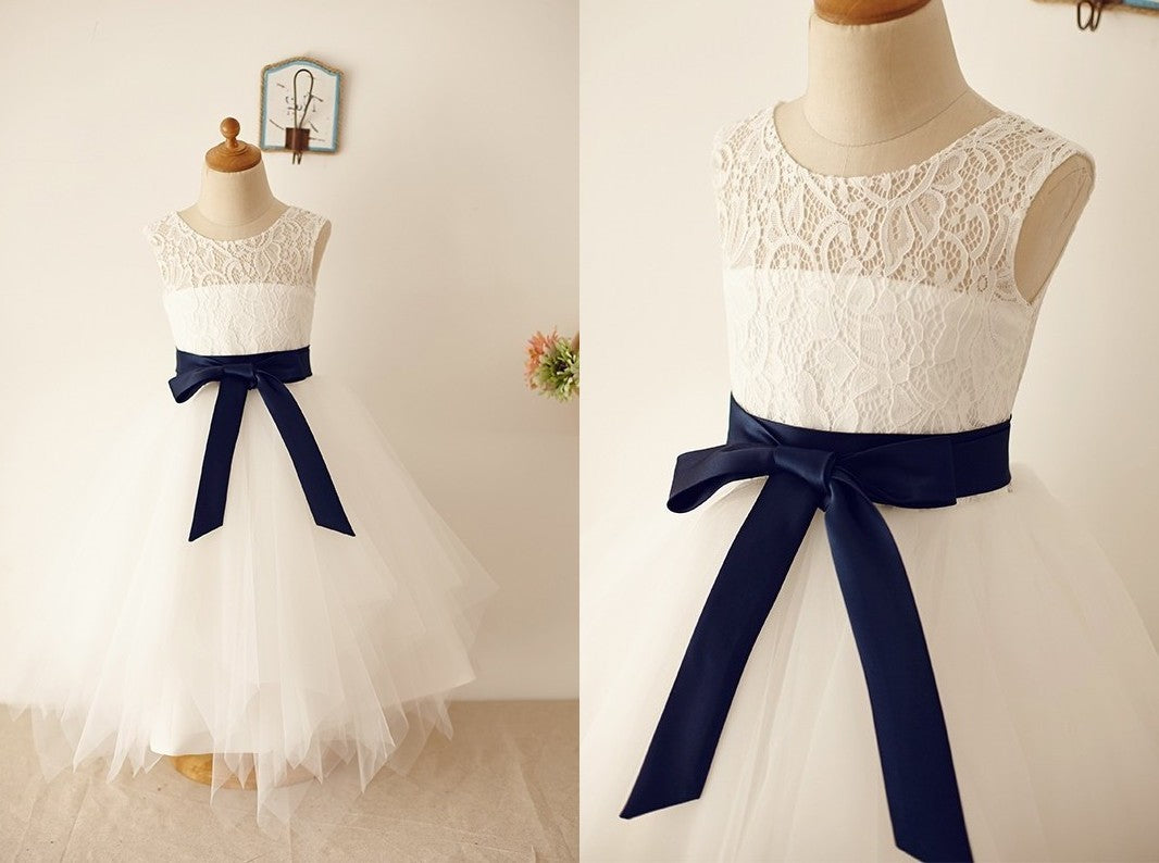 A-Line/Princess Tulle Sash/Ribbon/Belt Scoop Sleeveless Tea-Length Flower Girl Dresses DEP0007803