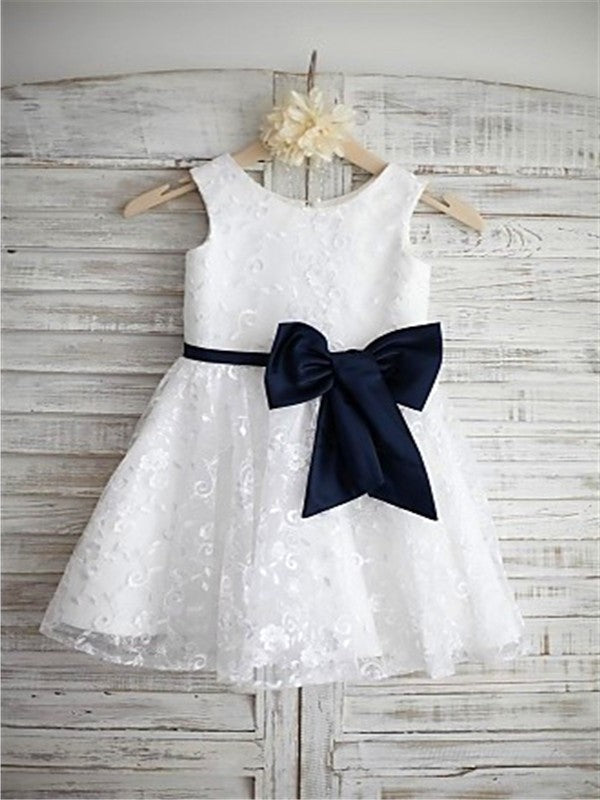 A-line/Princess Scoop Sleeveless Bowknot Tea-Length Lace Flower Girl Dresses DEP0007816