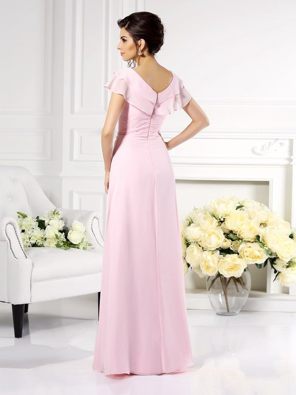 A-Line/Princess V-neck Ruffles Short Sleeves Long Chiffon Mother of the Bride Dresses DEP0007149