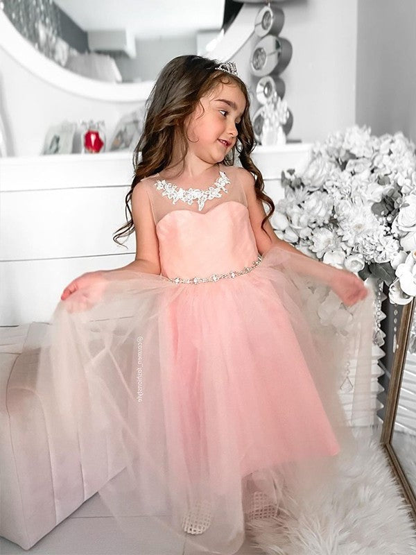 A-Line/Princess Tulle Beading Scoop Sleeveless Tea-Length Flower Girl Dresses DEP0007469