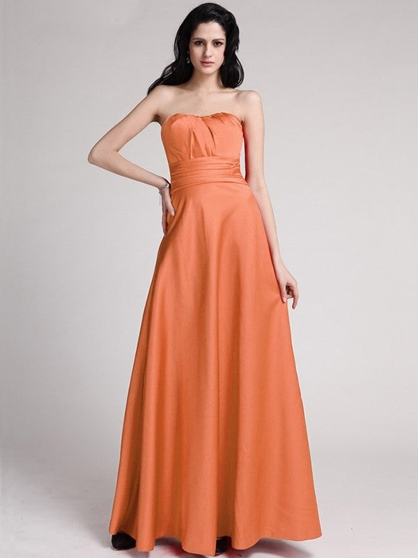 A-Line/Princess Strapless Sleeveless Pleats Long Elastic Woven Satin Bridesmaid Dresses DEP0005835