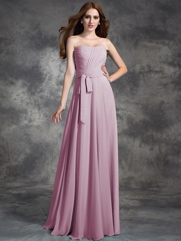 A-line/Princess Strapless Ruched Sleeveless Long Chiffon Bridesmaid Dresses DEP0005797