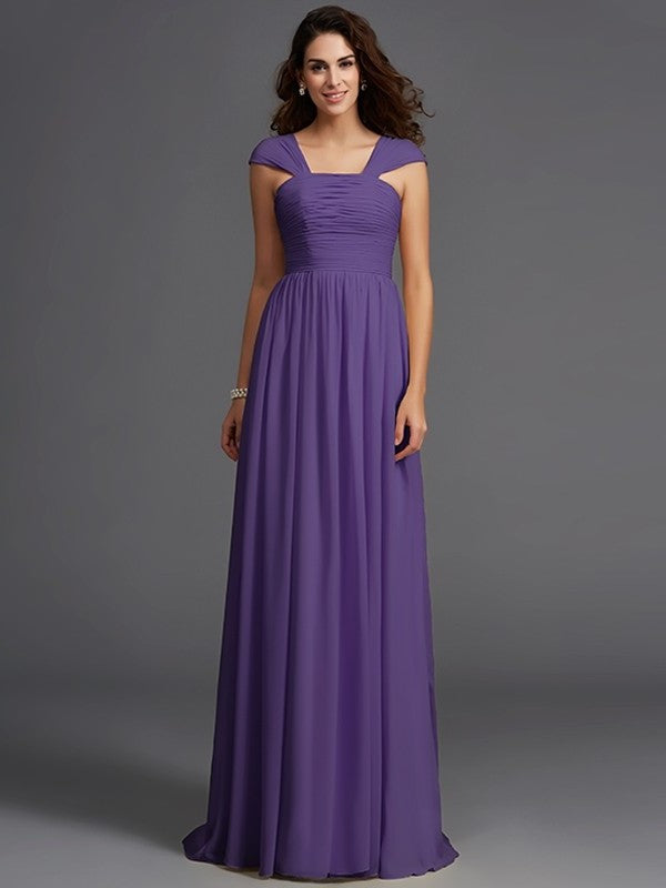 A-Line/Princess Straps Ruffles Sleeveless Long Chiffon Bridesmaid Dresses DEP0005470