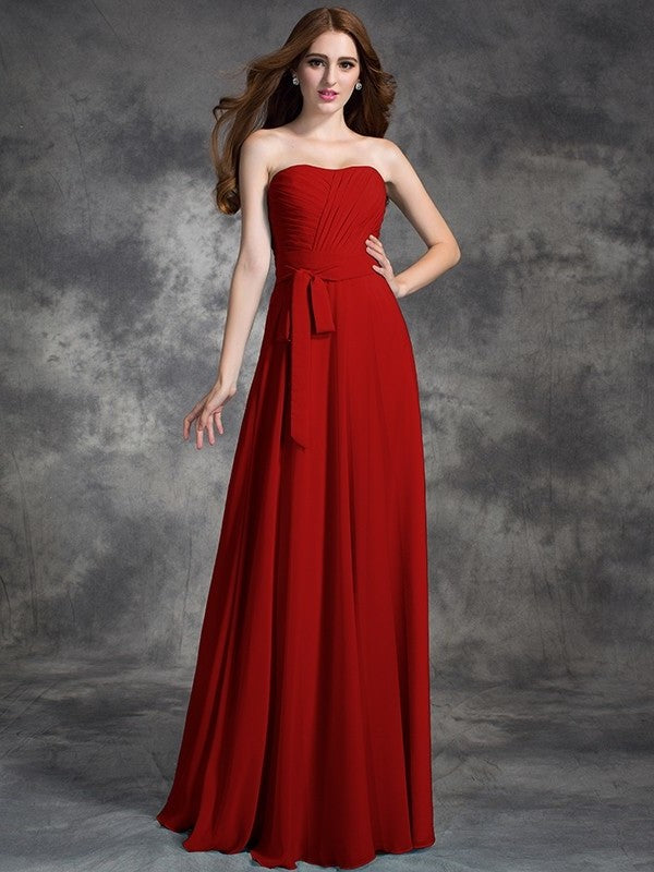 A-line/Princess Strapless Ruched Sleeveless Long Chiffon Bridesmaid Dresses DEP0005797