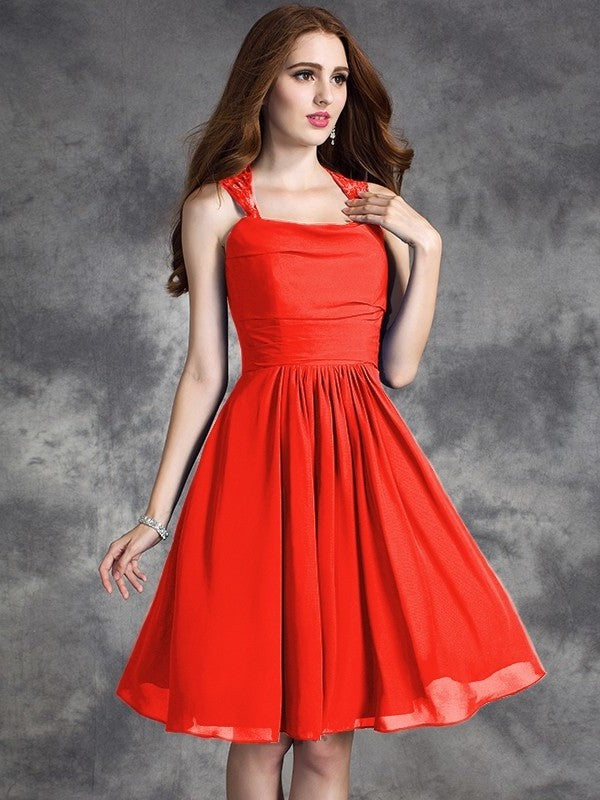 A-line/Princess Straps Ruffles Sleeveless Short Chiffon Bridesmaid Dresses DEP0005517