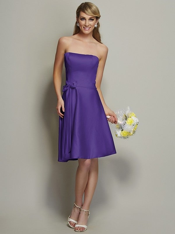 A-Line/Princess Strapless Sleeveless Bowknot Short Satin Bridesmaid Dresses DEP0005863